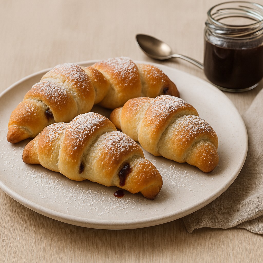 am-filled Christmas crescents dusted with powdered sugar on a Nordic ceramic plate in soft Scandinavian light