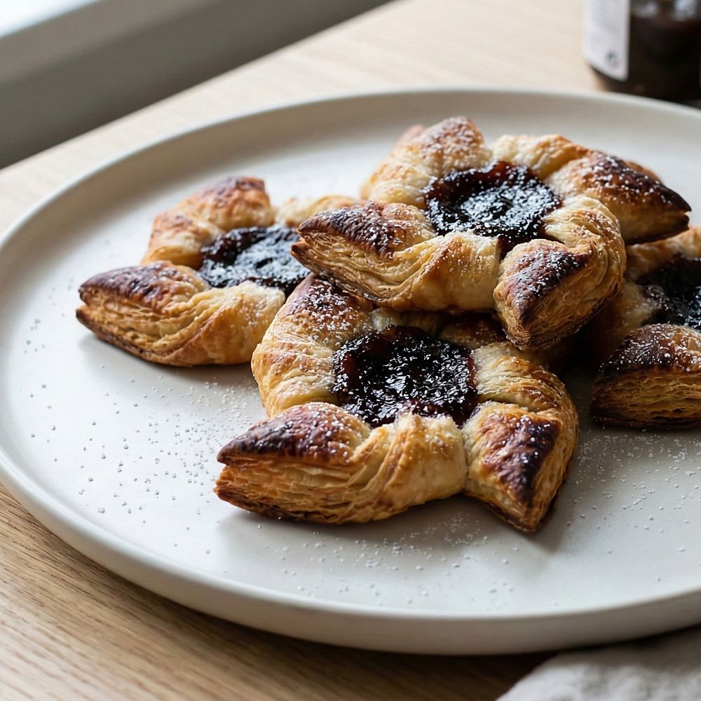 Jam-filled Christmas star tarts dusted with powdered sugar on a Nordic-style plate.