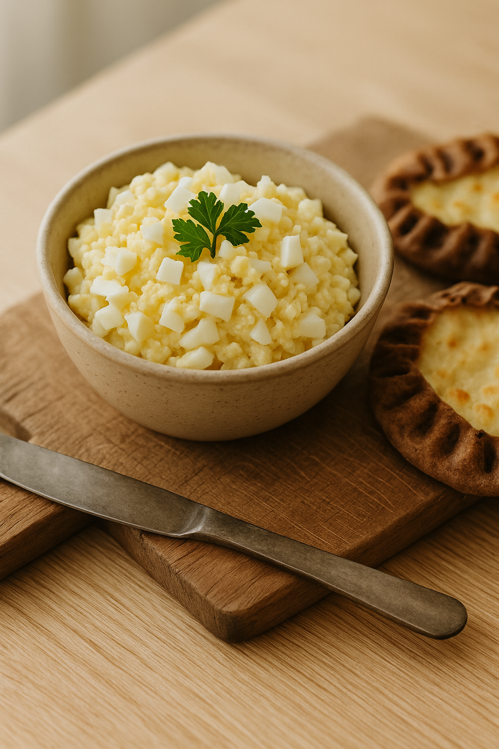 Chunky munavoi egg butter with visible egg white pieces in a small ceramic bowl on a wooden board with Finnish Karelian pies.