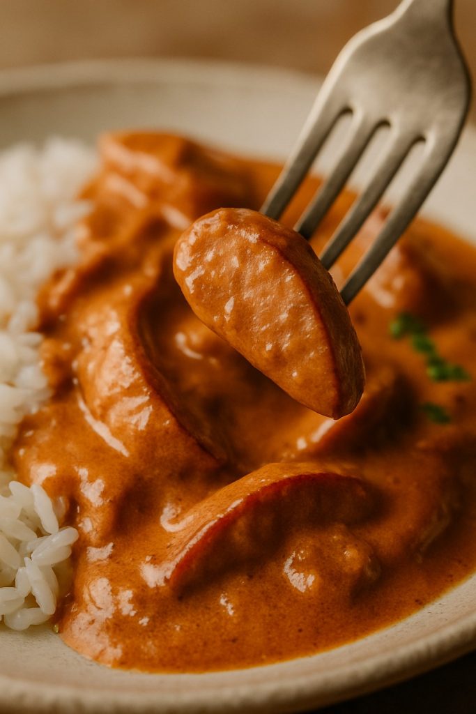 Close-up of Swedish korv stroganoff with a browned sausage slice on a fork above creamy tomato sauce and rice on a plate.