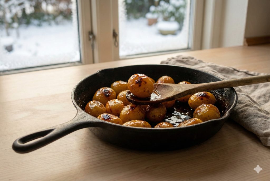 Danish caramelized potatoes glazed in sugar and butter in a cast iron skillet
