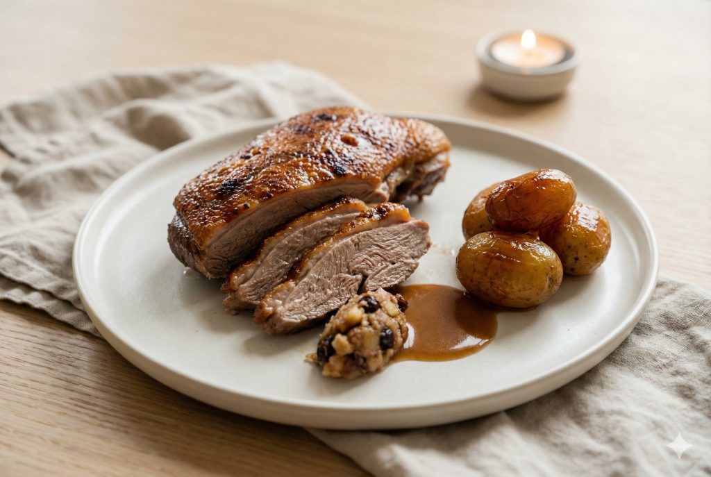 Sliced Danish Christmas duck served with caramelized potatoes and brown gravy on a Nordic ceramic plate