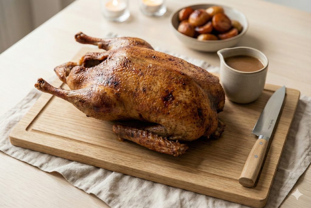 Whole roasted Danish Christmas duck resting on a wooden cutting board with gravy and caramelized potatoes