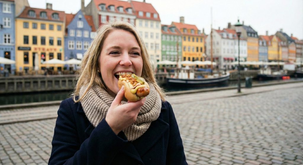Woman eating a Danish hot dog in Nyhavn, Copenhagen, topped with remoulade, relish, crispy fried onions, and pickled red onions.