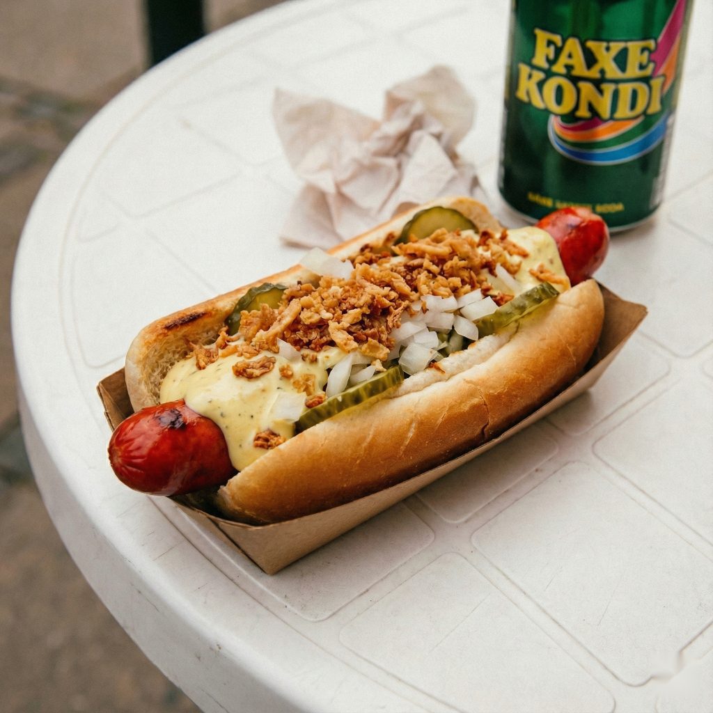 Danish hot dog “with everything” (pølse med det hele) with remoulade, pickles, onions and crispy fried onions, plus Faxe Kondi.