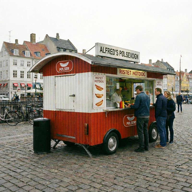 Red Danish pølsevogn hot dog stand on the cobblestones in Copenhagen, with customers ordering.