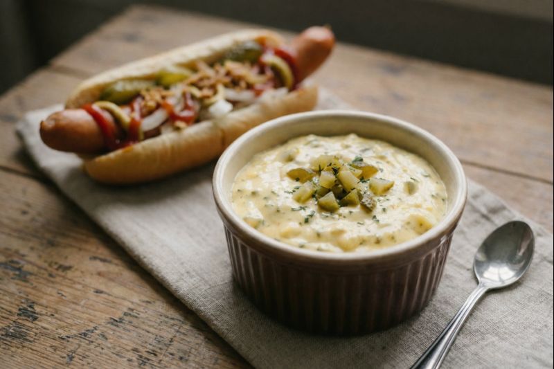 Bowl of Danish remoulade sauce topped with chopped pickles and dill, served with a Danish hot dog on a rustic wooden table.