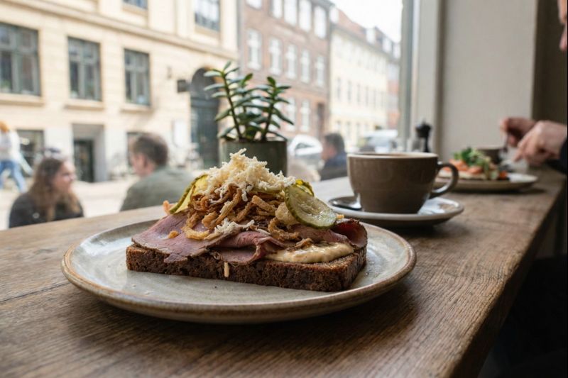 Danish roast beef smørrebrød on dark rye bread with remoulade, pickles, crispy onions, and grated cheese served in a Copenhagen café.