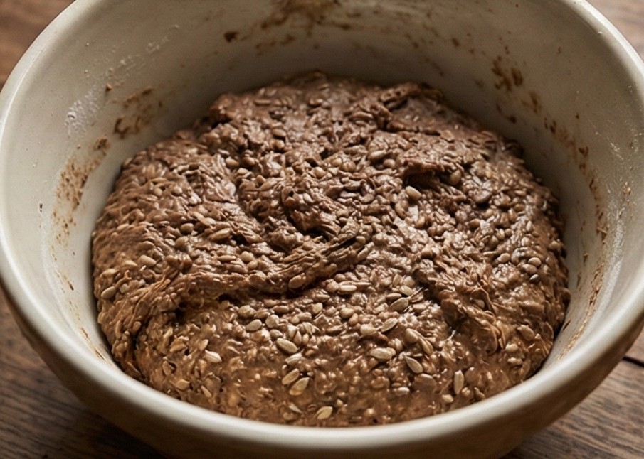 Seed-studded rugbrød dough resting in a mixing bowl before proofing.