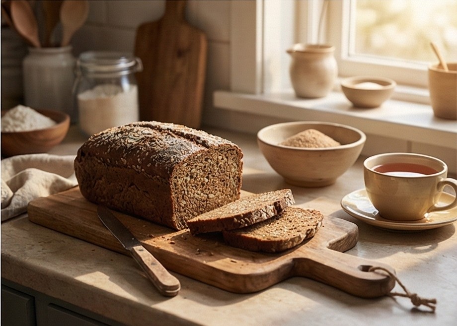 Sliced Danish rugbrød on a wooden board in a sunlit kitchen, with a cup of tea nearby.