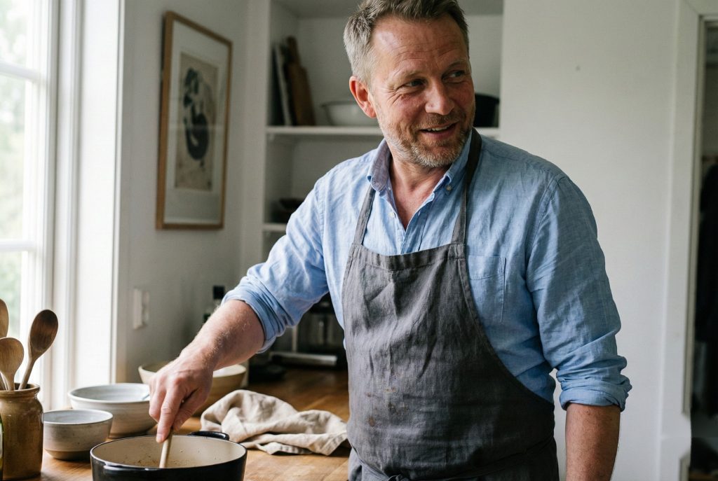 Erik Lundström cooking at a wooden counter, stirring a pot in a bright Scandinavian-style kitchen