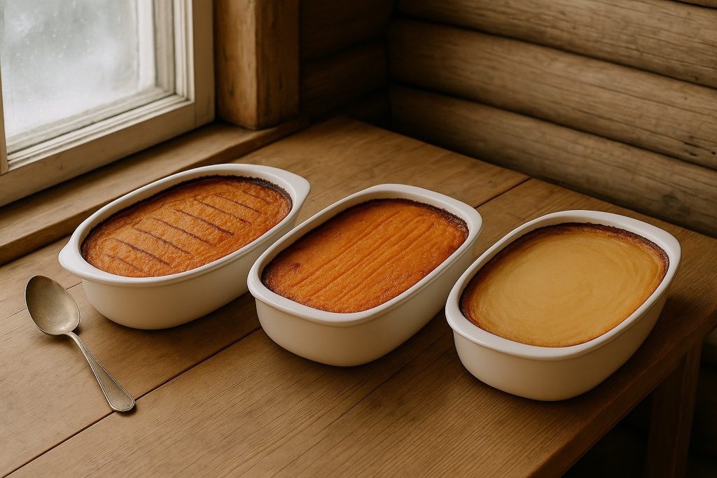 Three traditional Finnish Christmas casseroles — rutabaga, carrot, and malted potato — baked golden in white ceramic dishes on a light wooden table in soft Nordic daylight.