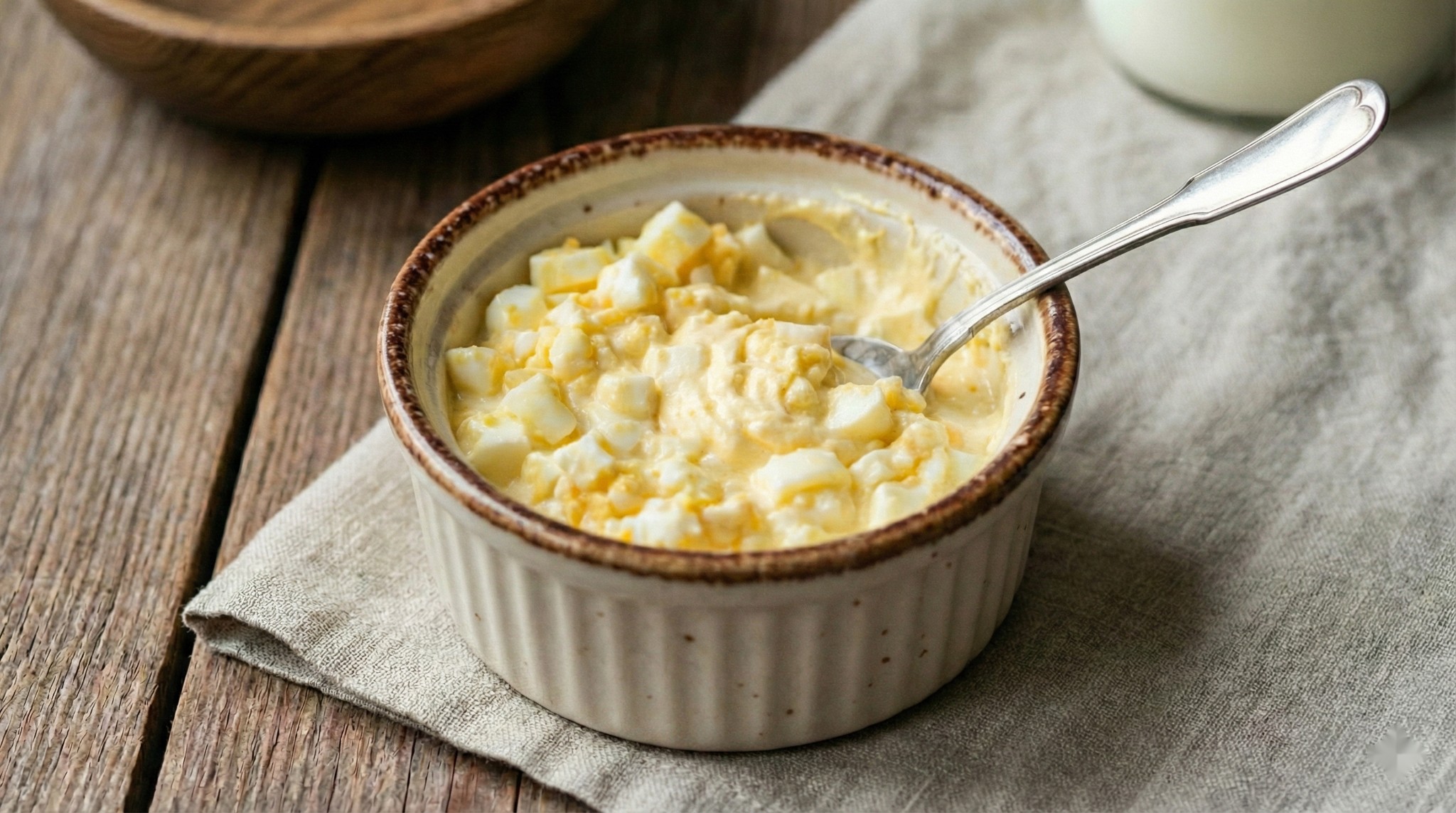 Bowl of homemade Finnish egg butter (munavoi) with chopped eggs and butter on a linen napkin.