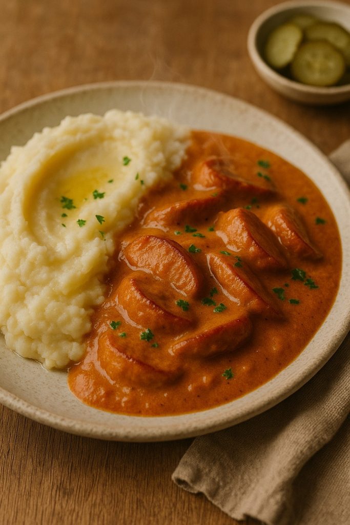 Finnish-style makkarastroganoff sausage stew in creamy tomato sauce served with buttery mashed potatoes and pickles on an off-white plate, warm Nordic setting.