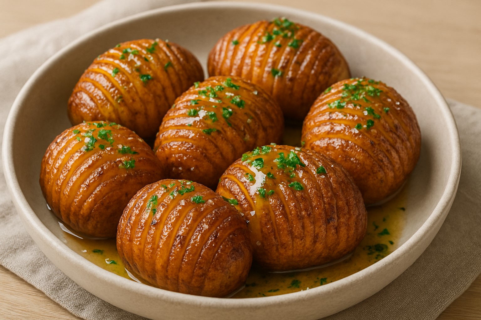 Crispy Hasselback potatoes served in a round dish with melted herb butter and parsley