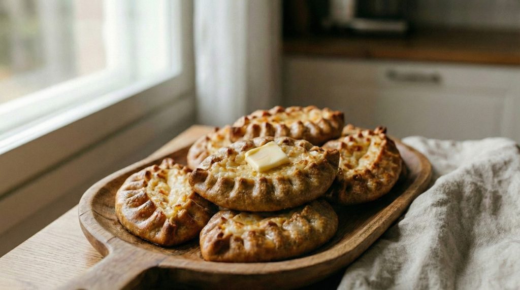 Homemade Karelian pasties (karjalanpiirakka) on a wooden serving board with a pat of butter, photographed in soft window light.