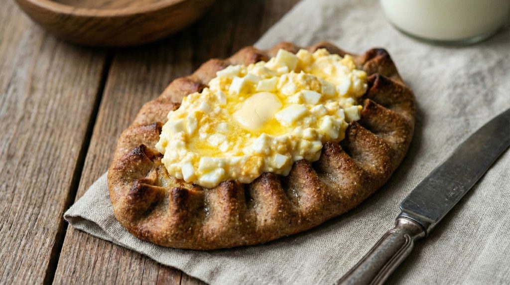 Homemade Karelian pasty (karjalanpiirakka) topped with traditional egg butter (munavoi) on a rustic table.