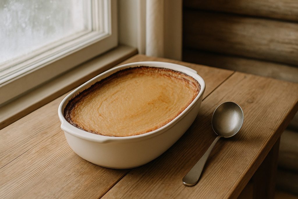 Traditional Finnish imelletty perunalaatikko in a white baking dish on a wooden table, photographed in soft Nordic daylight.