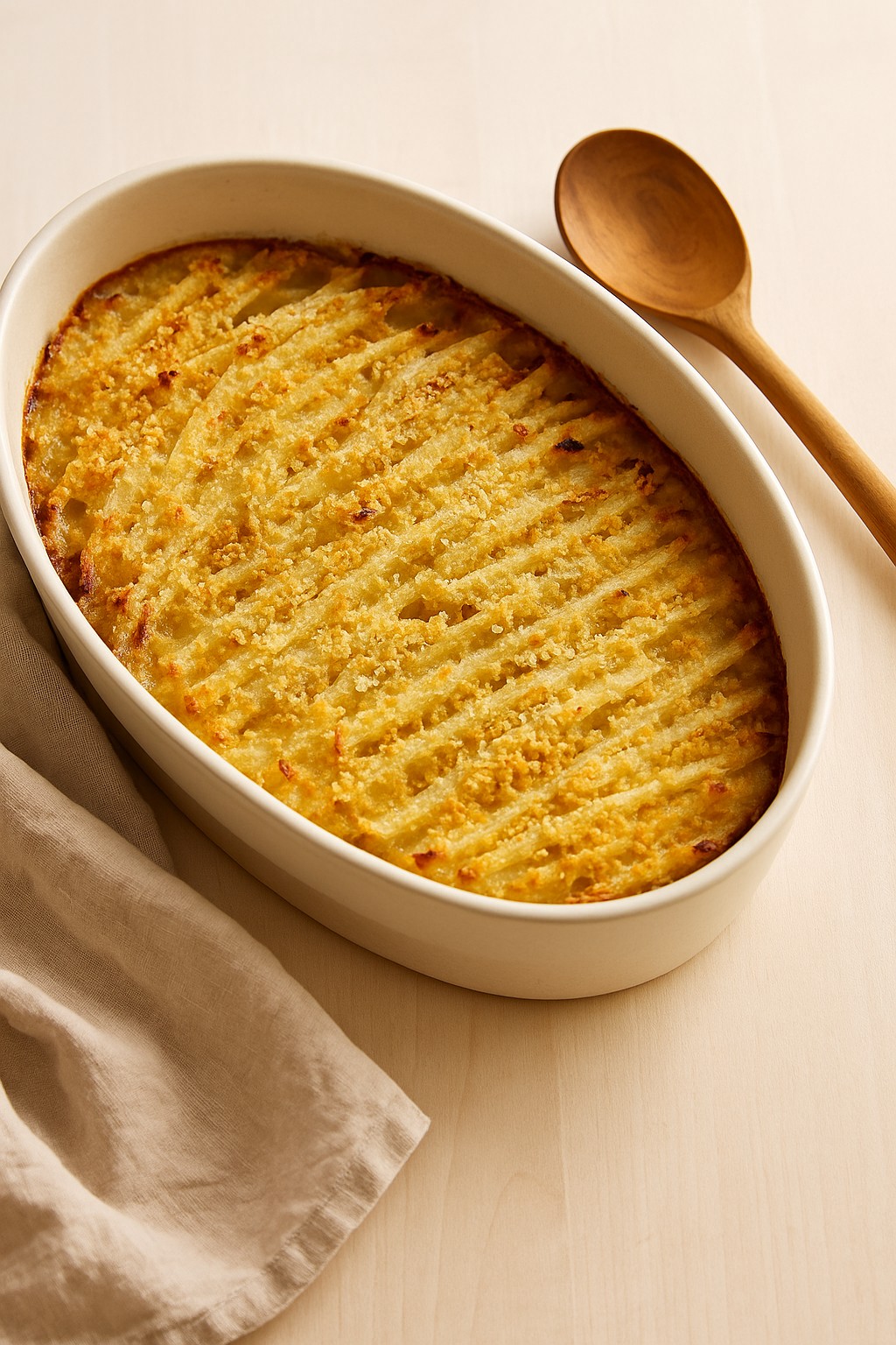 Janssons frestelse, a classic Swedish potato casserole with a golden breadcrumb crust, baked in an oval cream ceramic dish with a wooden spoon and beige linen on a light wooden table.