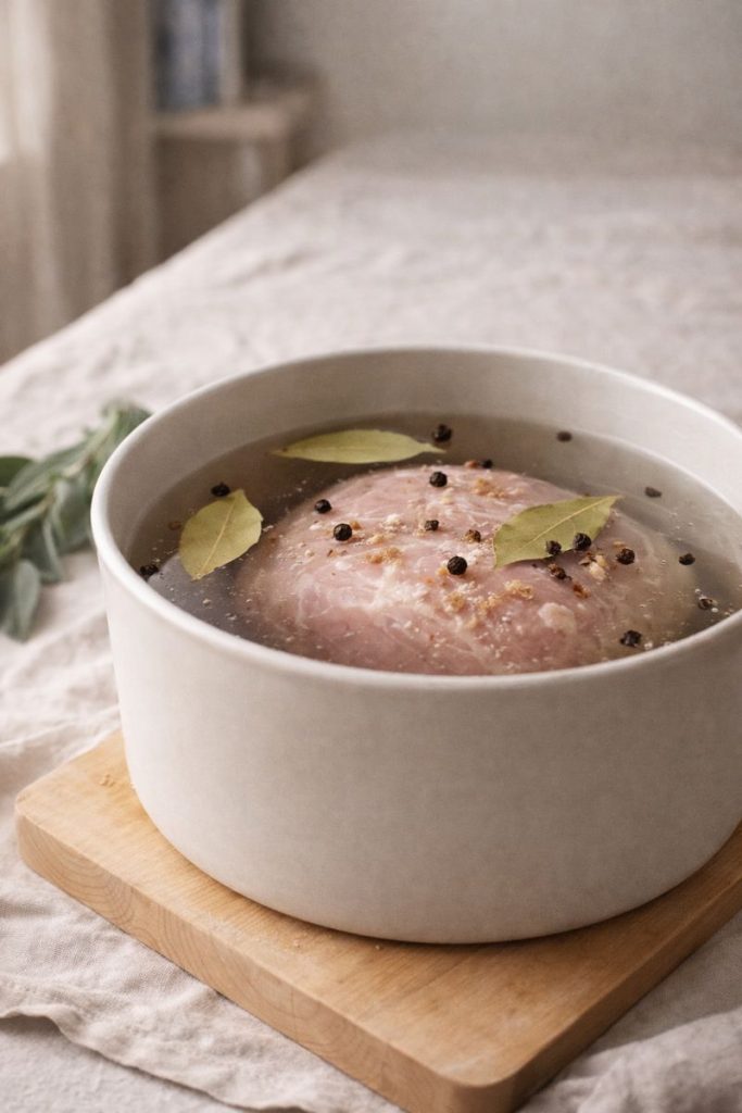 Raw julskinka submerged in brine with bay leaves and peppercorns in a ceramic bowl