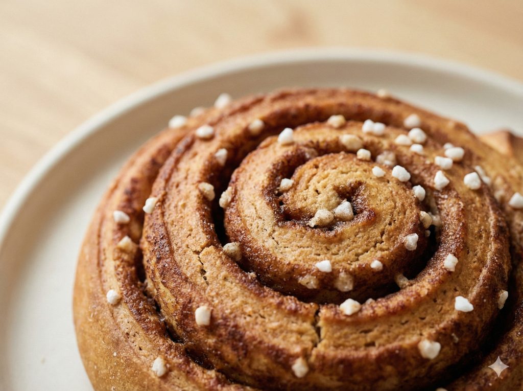 Close-up of a kanelbulle cinnamon swirl bun with pearl sugar, showing the baked spiral texture.