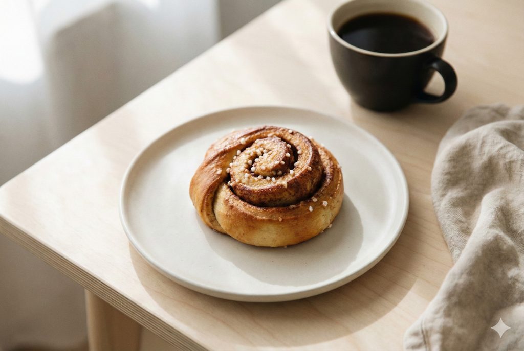 Swedish cinnamon bun (kanelbulle) with pearl sugar on a ceramic plate, coffee cup in soft Nordic daylight.