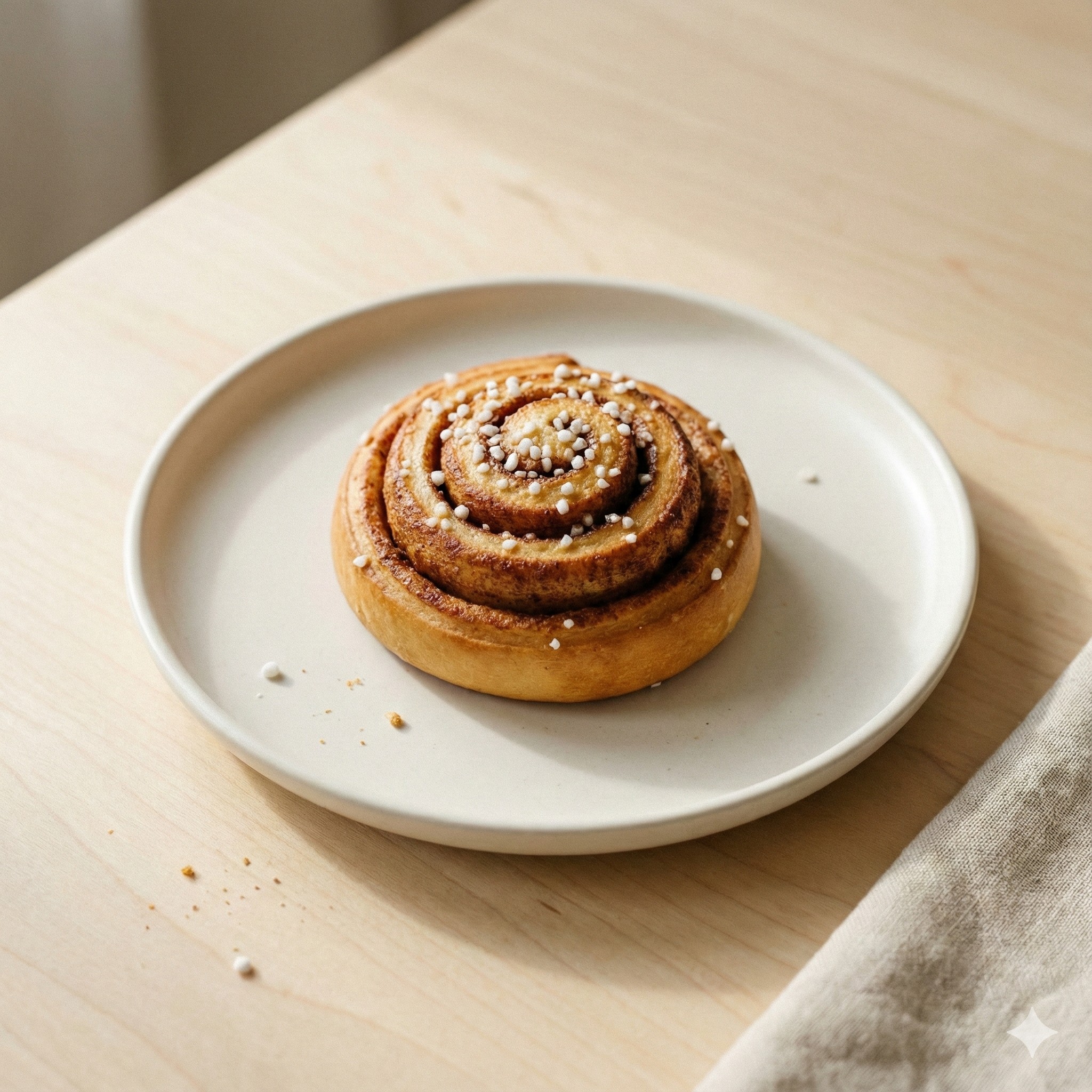 Swedish cinnamon bun (kanelbulle) with pearl sugar on a light ceramic plate on a wooden table.