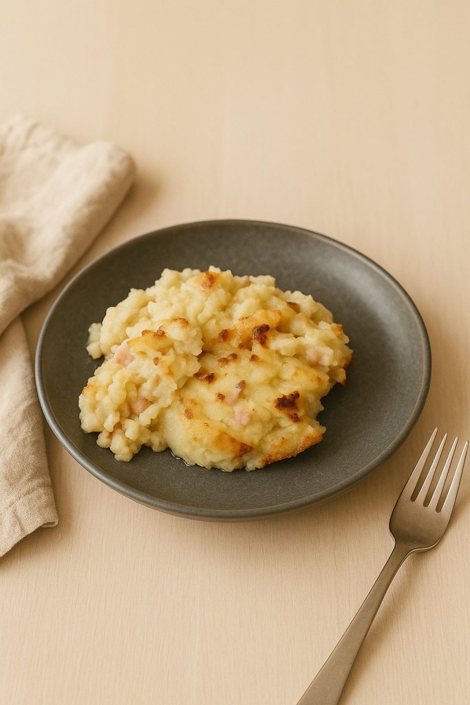 Creamy Finnish ham and potato casserole (kinkkukiusaus) served on a dark grey plate on a light wooden table with a linen napkin and fork.