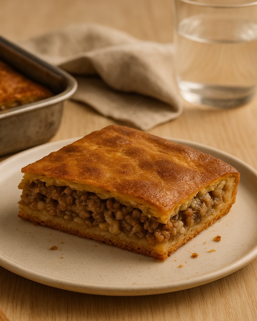 Slice of Finnish levylihapiirakka meat pie on a simple off-white plate, showing golden baked crust and savory minced meat and rice filling, photographed in soft natural Nordic daylight.