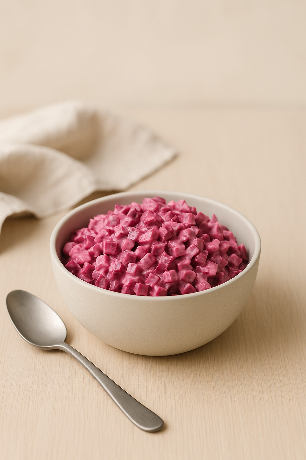 Vertical image of Nordic beetroot salad in a modern ceramic bowl on a light wooden table with a beige linen napkin and spoon, photographed in soft Scandinavian daylight.