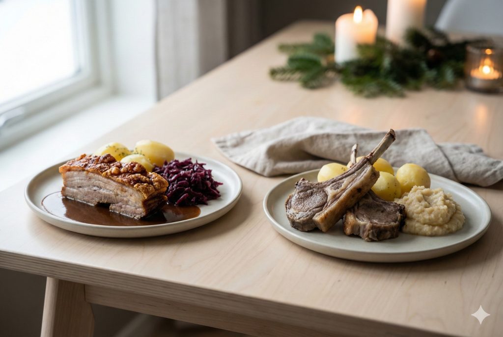 Norwegian Christmas dinner featuring ribbe with pork crackling and pinnekjøtt lamb ribs served with traditional sides