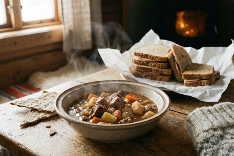 A cozy lunch setting with a bowl of stew accompanied by shards of paper-thin flatbread, with a packed lunch sandwich wrapped in parchment paper nearby.