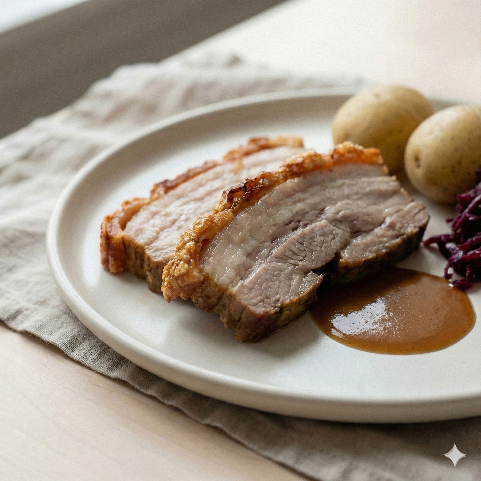 Sliced Norwegian ribbe with crispy crackling, boiled potatoes, braised red cabbage, and brown gravy on a Nordic plate
