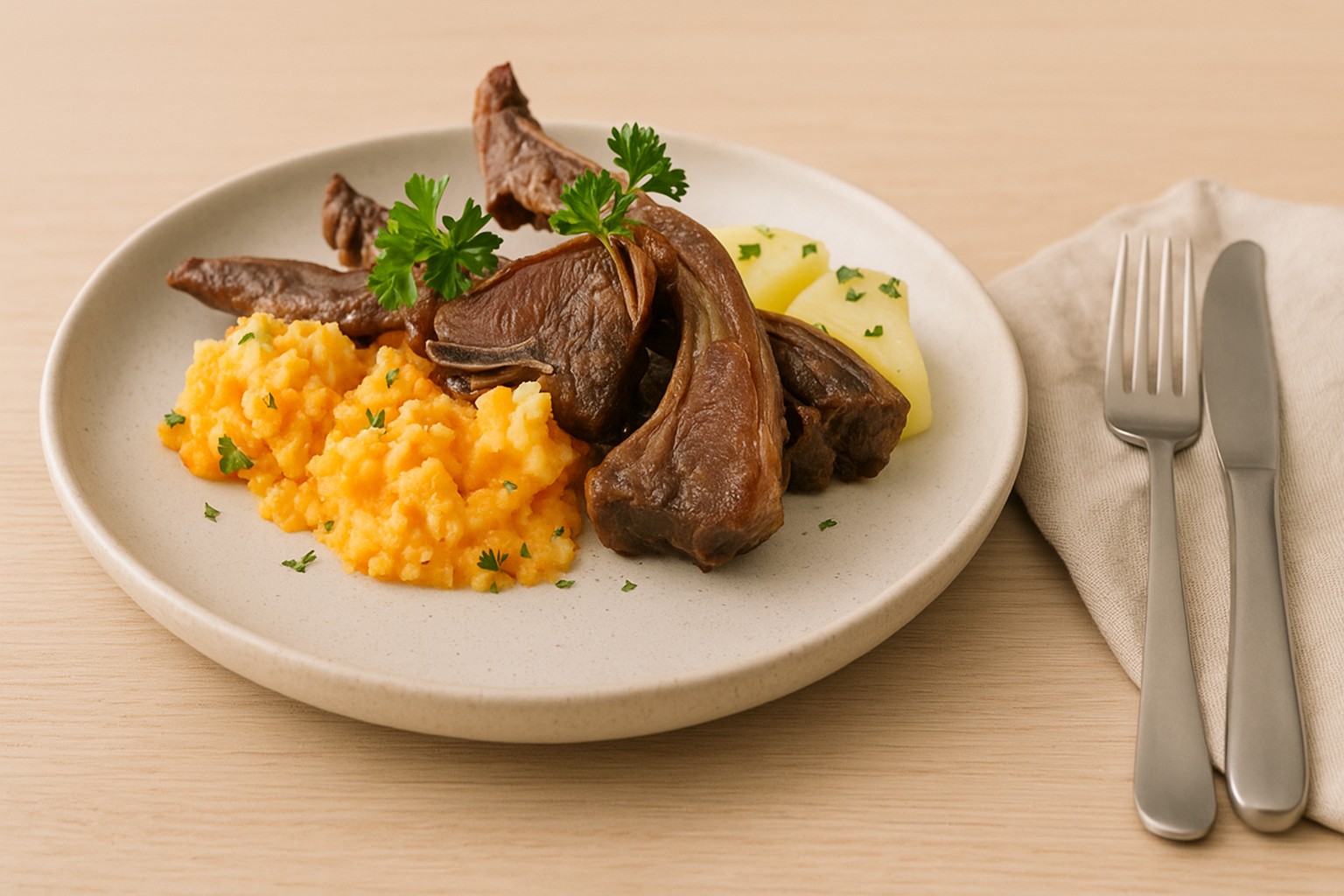 Norwegian pinnekjøtt served with creamy rutabaga mash and boiled potatoes on a Nordic ceramic plate, styled in soft Scandinavian daylight.