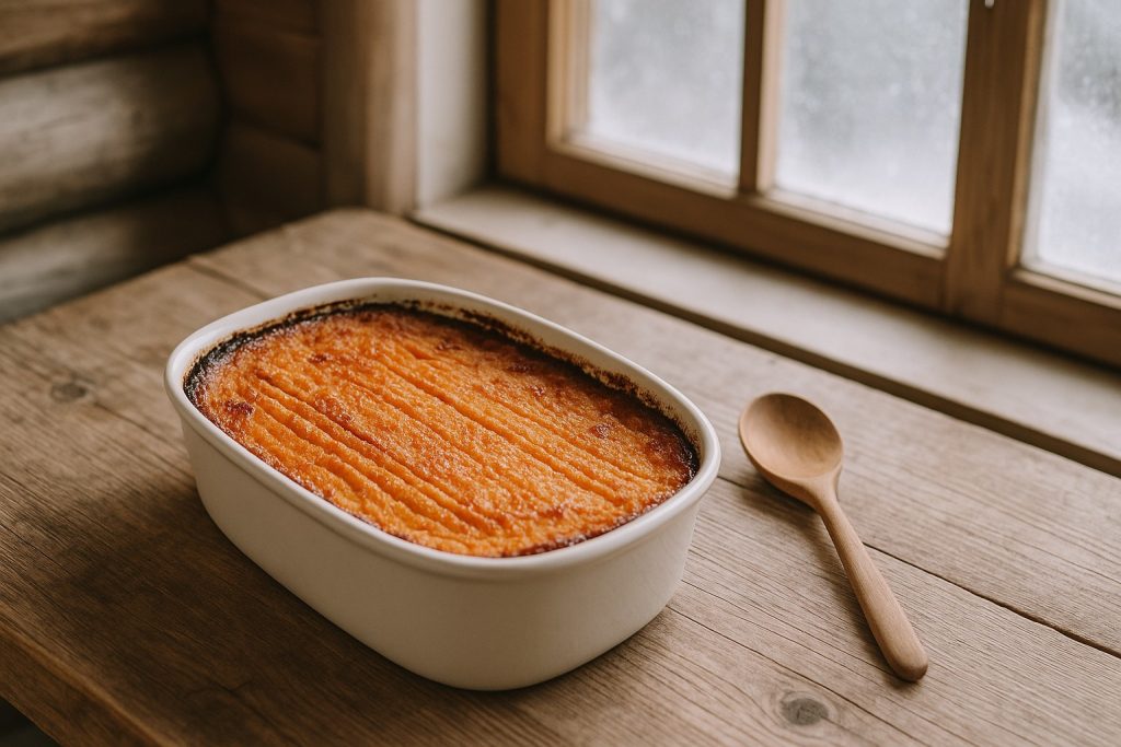 Finnish porkkanalaatikko carrot casserole in a white baking dish on a rustic wooden table, photographed in soft Nordic daylight.