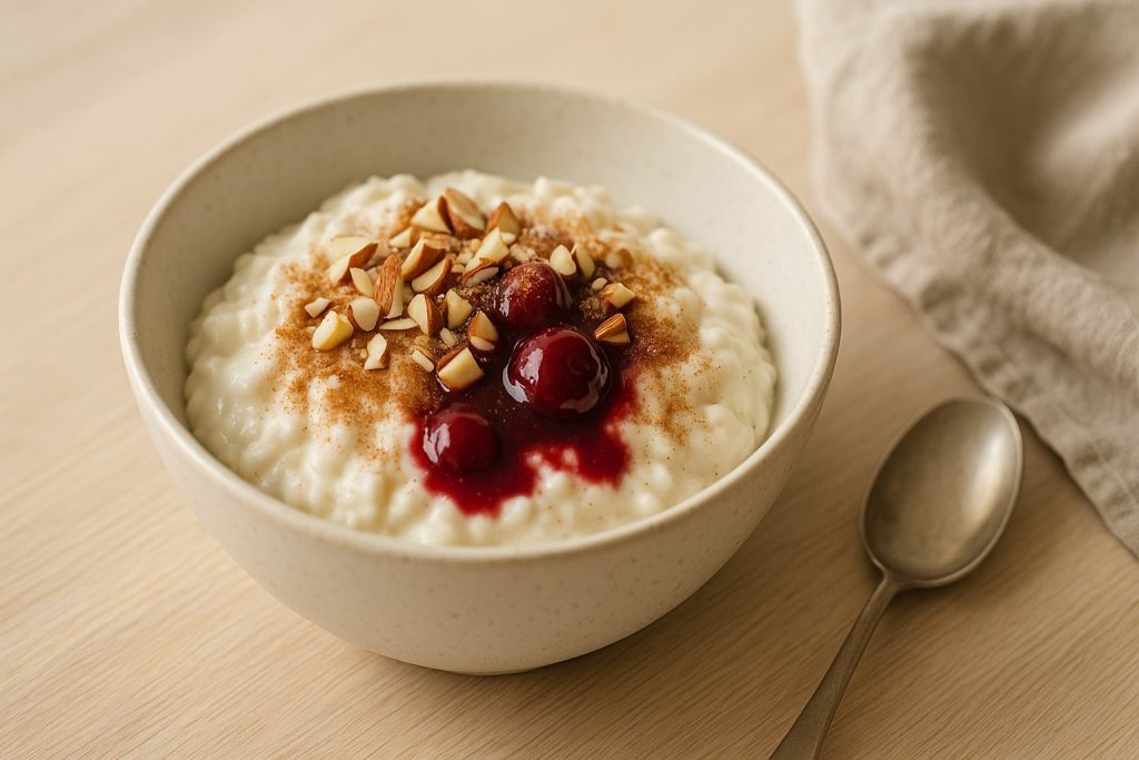 Risalamande in a speckled off-white ceramic bowl topped with warm cherry sauce, chopped almonds, and cinnamon sugar on a light wooden Nordic table.