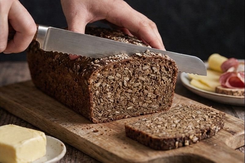 Cutting a dense, seeded Danish rugbrød loaf into thin slices with a serrated bread knife.