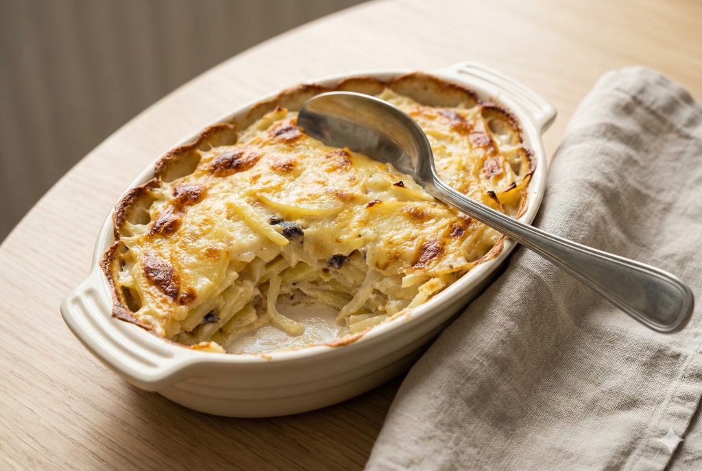Swedish Jansson’s Temptation potato casserole with cream, onions, and anchovies, baked until golden and served in a ceramic dish