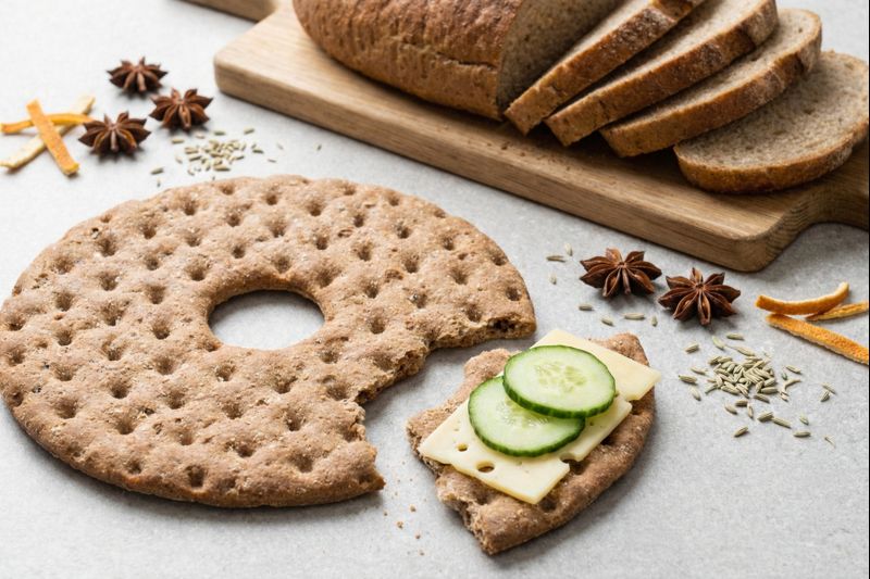 A bright Swedish fika spread featuring a round wheel of crispbread with cucumber and cheese, alongside a soft spiced Limpa loaf and scattered star anise and orange peel.