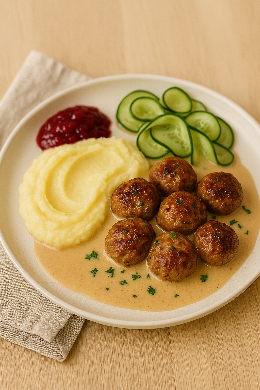 Swedish meatballs served with mashed potatoes and lingonberry jam on a light wooden table.