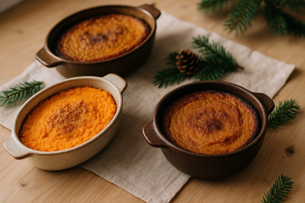 Three traditional Finnish Christmas casseroles—lanttulaatikko, porkkanalaatikko, and imelletty perunalaatikko—baked in rustic ceramic dishes with browned tops, styled on a light wooden table with beige linen and soft Nordic daylight.