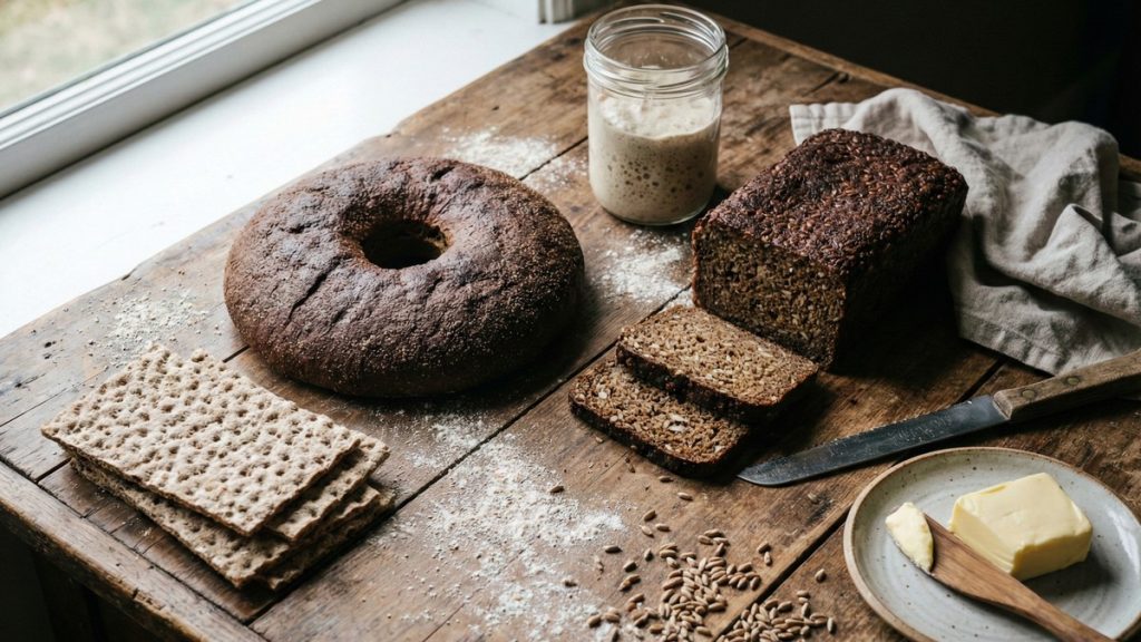 Traditional Nordic rye breads on a rustic wooden table by a window, with crispbread, sliced rye loaf, butter, and sourdough starter.