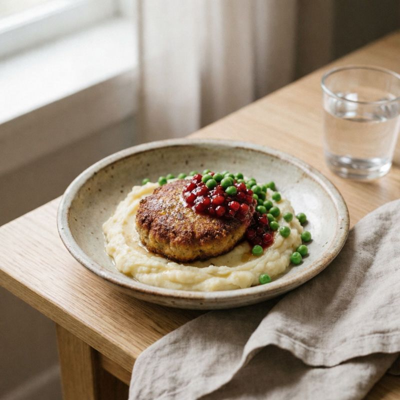 Classic Swedish Wallenbergare veal patty served with creamy mashed potatoes, green peas, lingonberries, and browned butter