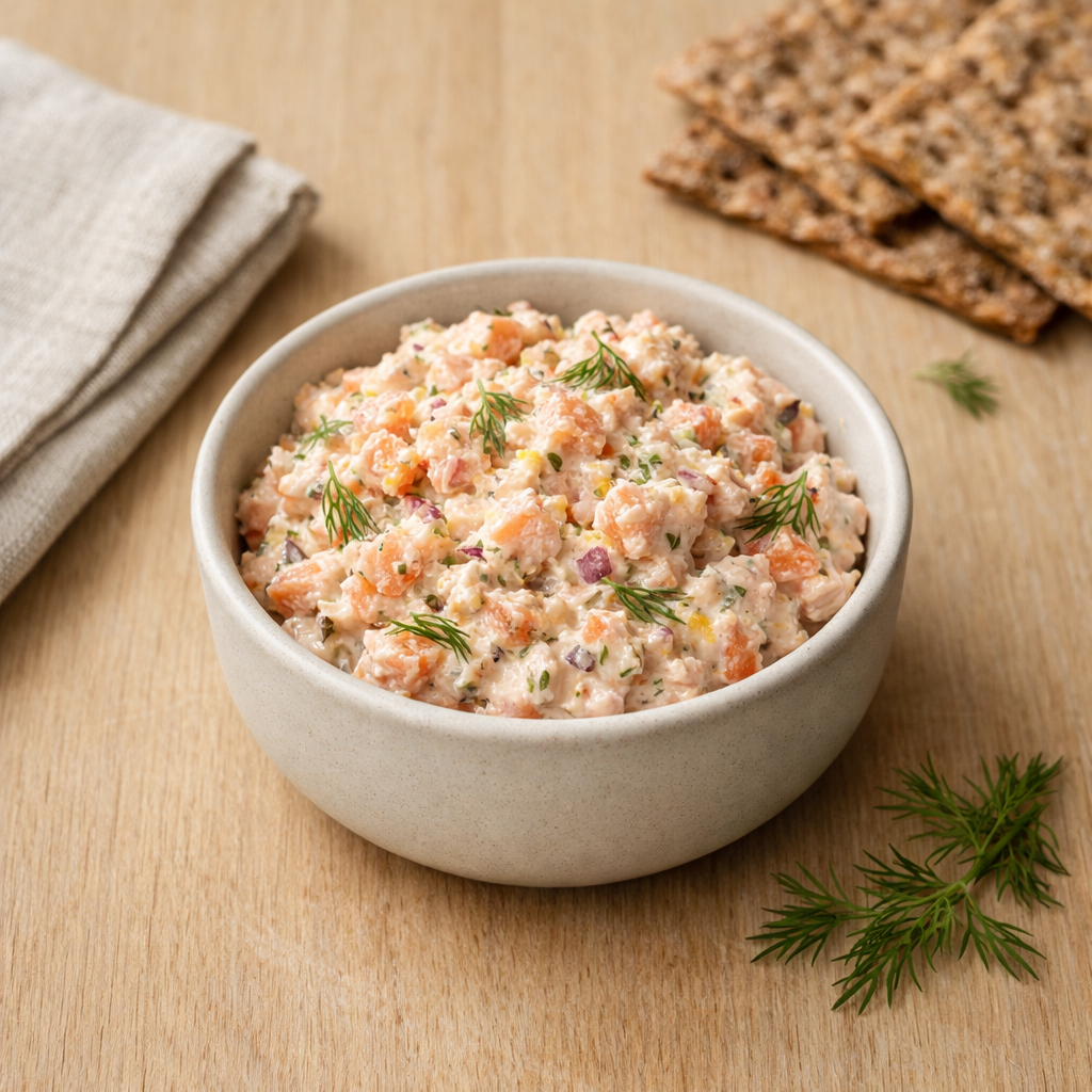 Creamy Swedish laxröra salmon salad in a ceramic bowl on a light wooden table with dill and crispbread.
