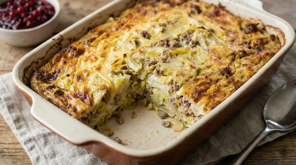 A rectangular ceramic baking dish filled with golden-brown cabbage casserole. A slice has been taken out to reveal the tender mixture of cabbage, rice, and ground meat inside.