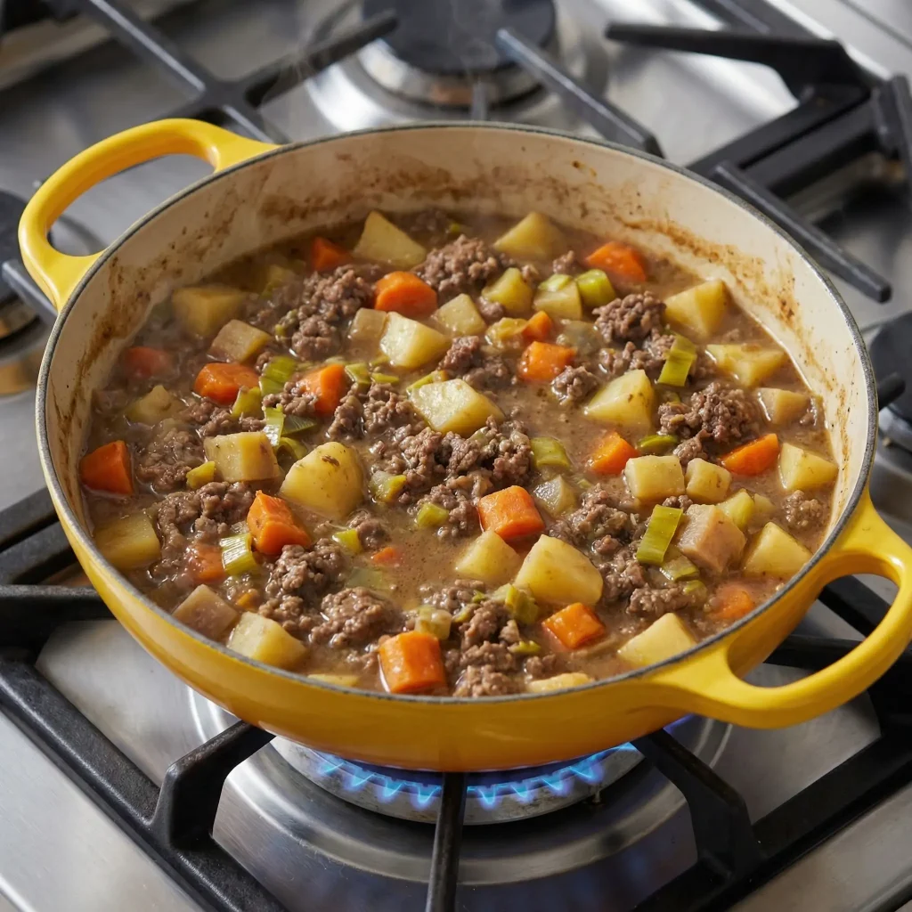 Cheater’s lapskaus (jukse lapskaus) made with ground beef, potatoes, carrots, and leeks simmering in a Le Creuset shallow casserole on the stovetop.