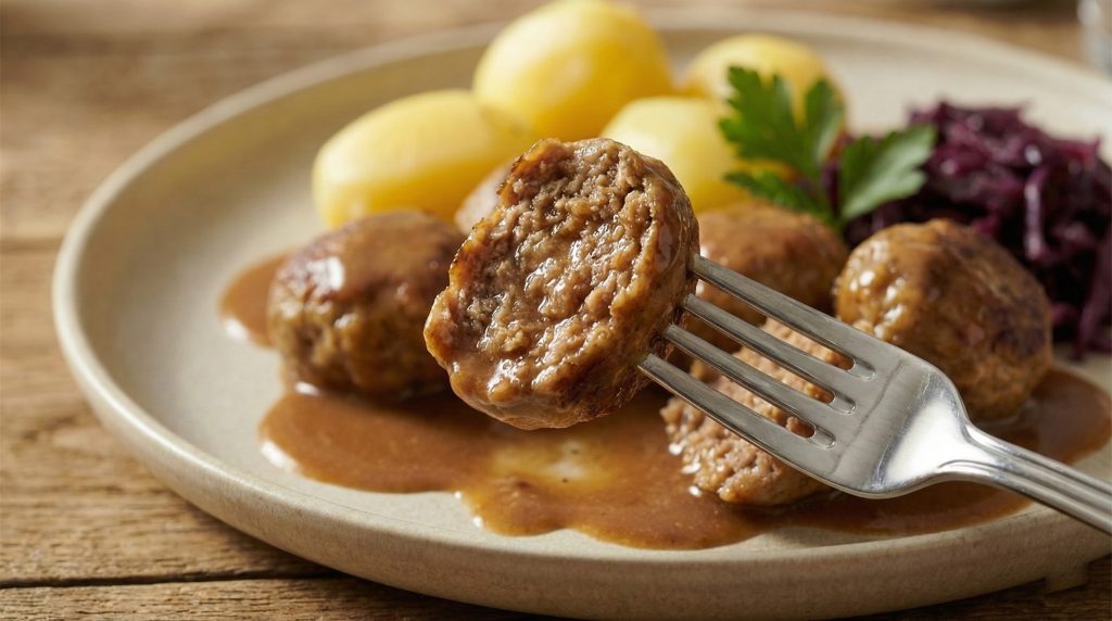 Close-up of a fork holding a halved Danish frikadelle showing the juicy interior, with gravy, potatoes, and red cabbage blurred in the background.