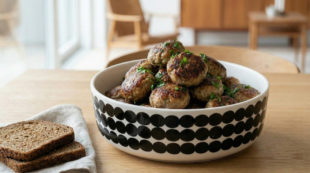 Pan-fried Danish frikadeller (meatballs) in a Marimekko serving bowl, garnished with herbs, with slices of rugbrød on a linen cloth.