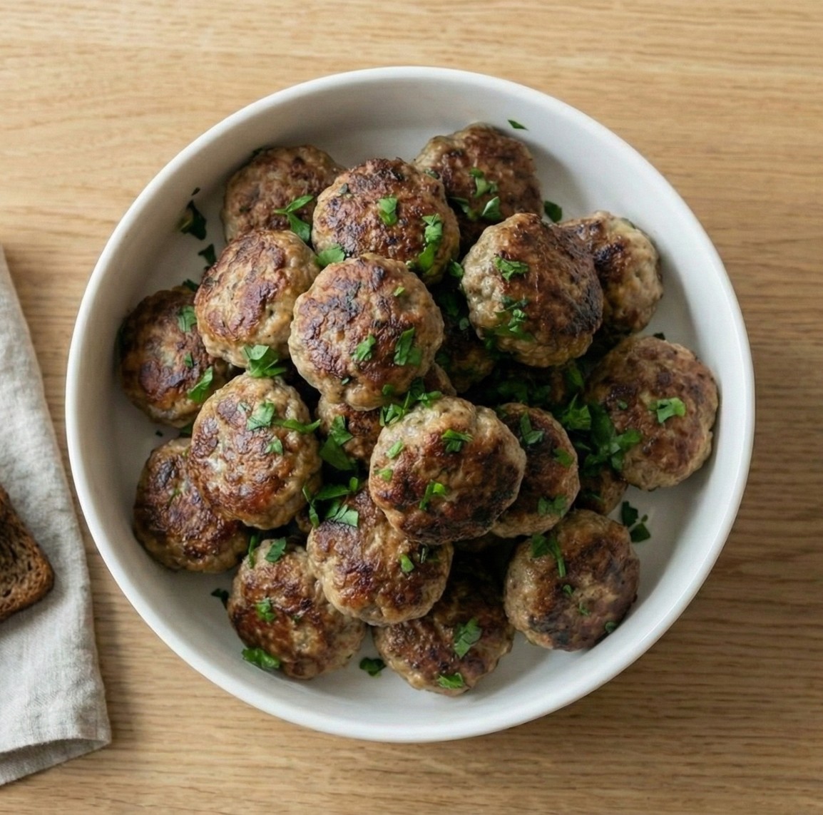Top-down view of Danish frikadeller in a white bowl, garnished with herbs