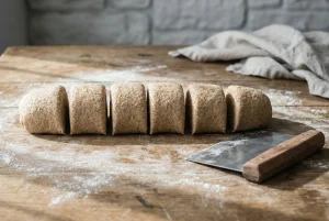 Dough log divided into six equal portions with a bench scraper.